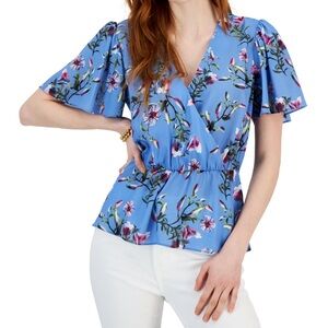 INC International Concepts Flutter Sleeve Floral Blue Wrap Blouse